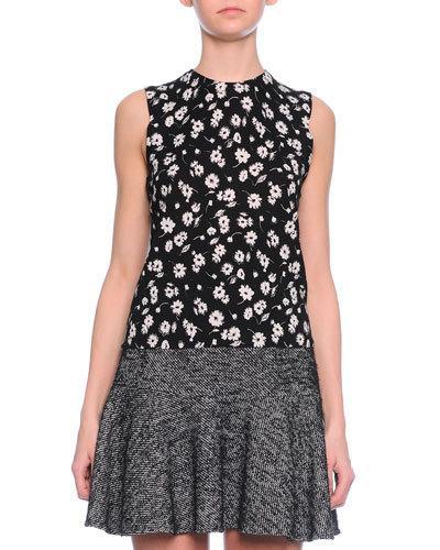 Floral-print Shell Top, Black/white