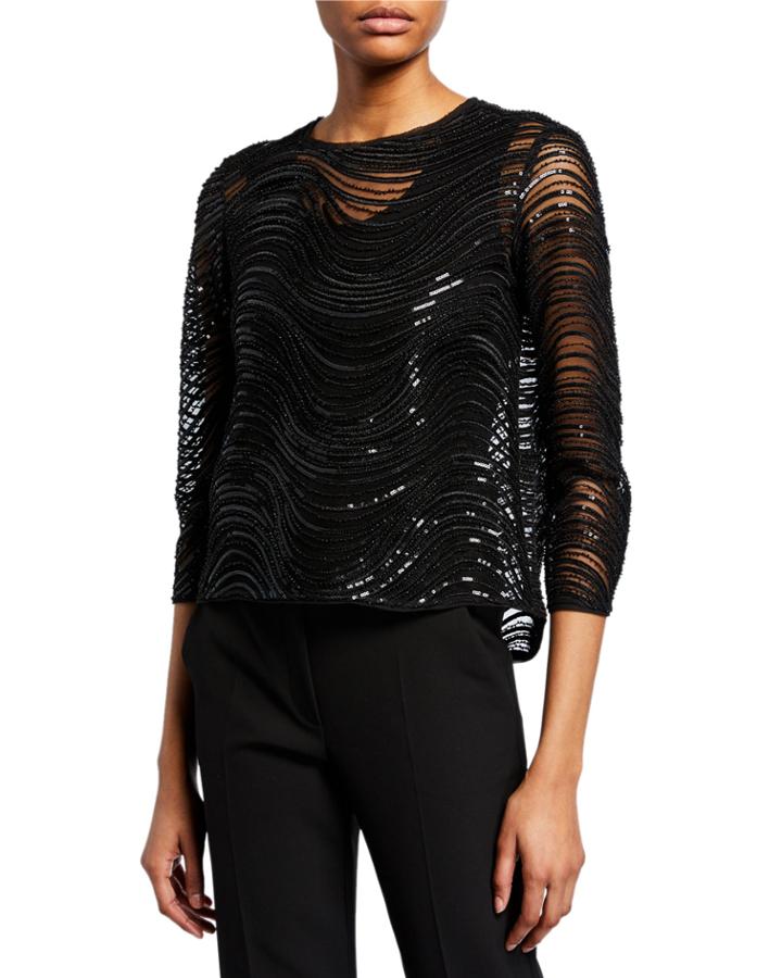 Sequined & Beaded 3/4-sleeve Evening Top