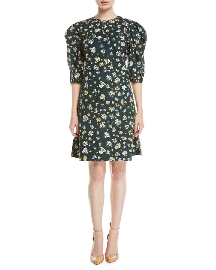 Puff-sleeve Floral-print Cotton Dress