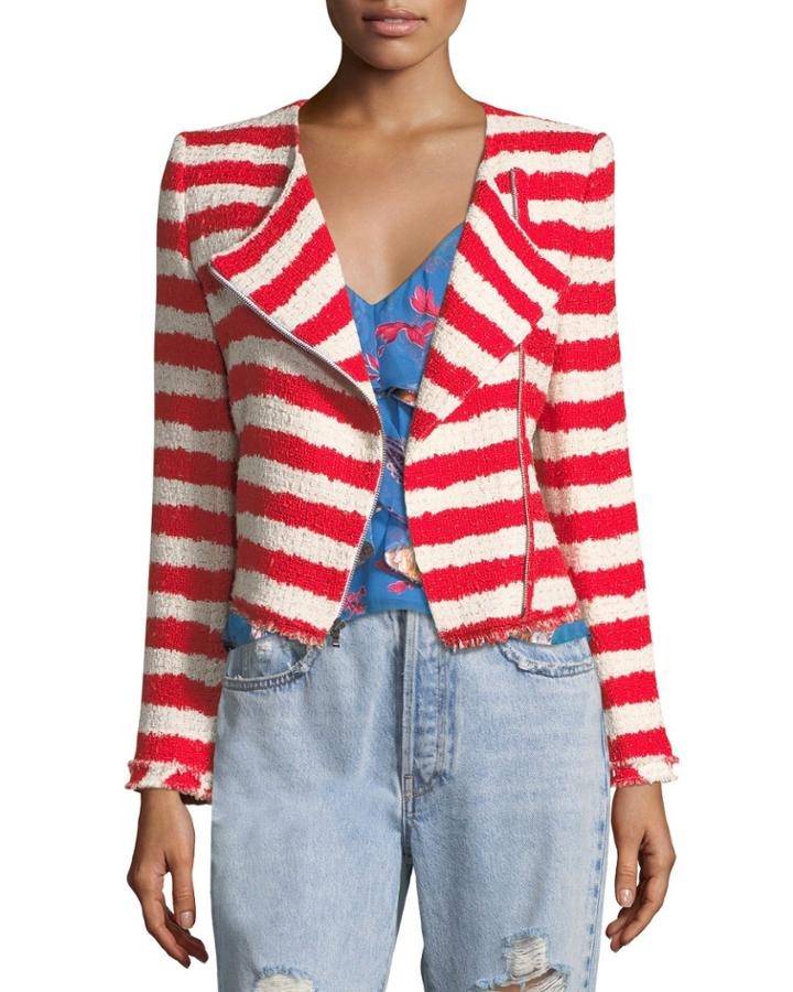Stanton Zip-front Striped Tweed Jacket With Frayed Edges