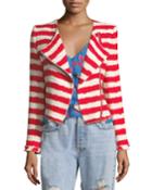 Stanton Zip-front Striped Tweed Jacket With Frayed Edges