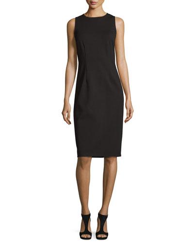 Sleeveless Jewel-neck Ponte Sheath Dress, Black