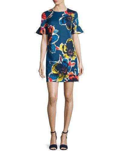 Short-sleeve Floral Stretch Crepe Shift Dress,