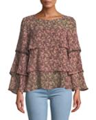Sabine Tiered-ruffle Floral Beaded Blouse