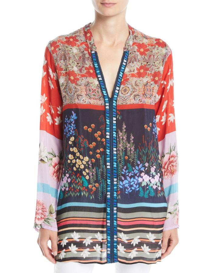 Paneled-print Georgette Boyfriend Blouse