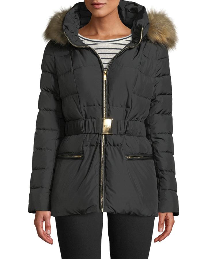 Belted Faux-fur Trimmed Short Puffer Jacket