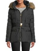 Belted Faux-fur Trimmed Short Puffer Jacket