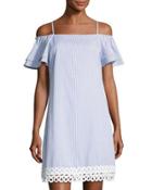 Off-the-shoulder Popover Dress, Blue/white