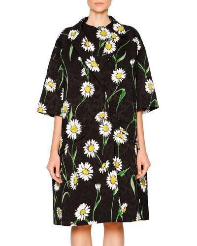 Daisy-print Topper Coat, Black/white/green