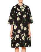 Daisy-print Topper Coat, Black/white/green