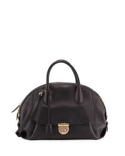Smooth Leather Dome Satchel Bag, Black