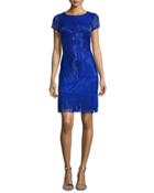 Short-sleeve Beaded Fringe-trim Cocktail Dress, Cobalt