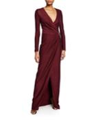 V-neck Long-sleeve Shimmer Float Knit Gown W/ Waist Drape