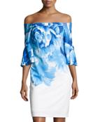 Bell-sleeve Floral-print Sheath Dress, Blue/white