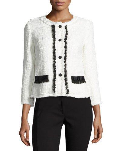 Boucl&eacute; 3/4-sleeve Jacket, White/black