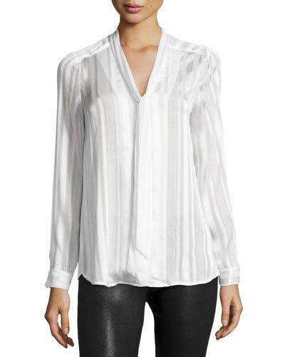 Tie-neck Tonal-stripe Blouse, Ivory
