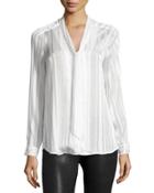 Tie-neck Tonal-stripe Blouse, Ivory