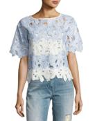 Floral-lace Striped Top, White/blue