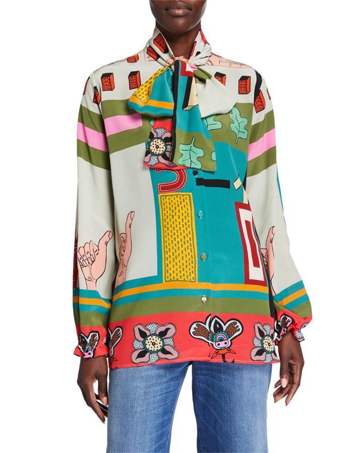 Printed Tie Neck Button Down