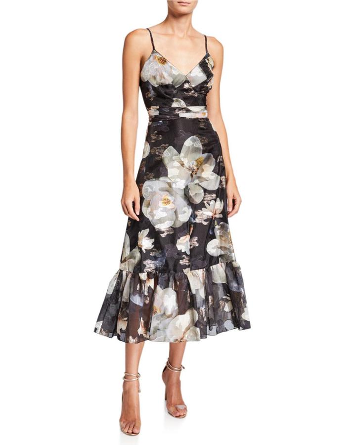 Floral Fils Coupe V-neck Sleeveless Ruffle-hem Dress With