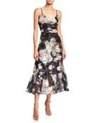Floral Fils Coupe V-neck Sleeveless Ruffle-hem Dress With