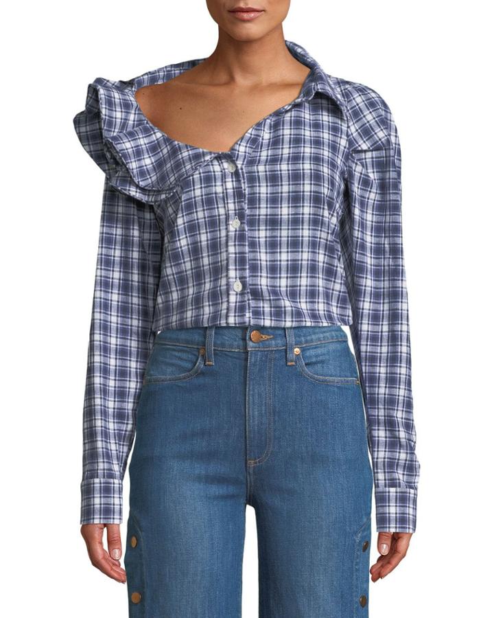 Tartan Plaid Ruffle Long-sleeve Top