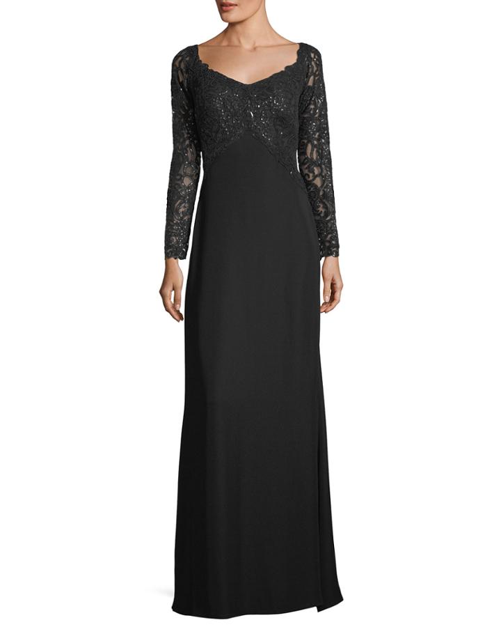 V-neck Long-sleeve Sequin Crepe Evening Gown