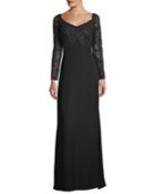 V-neck Long-sleeve Sequin Crepe Evening Gown