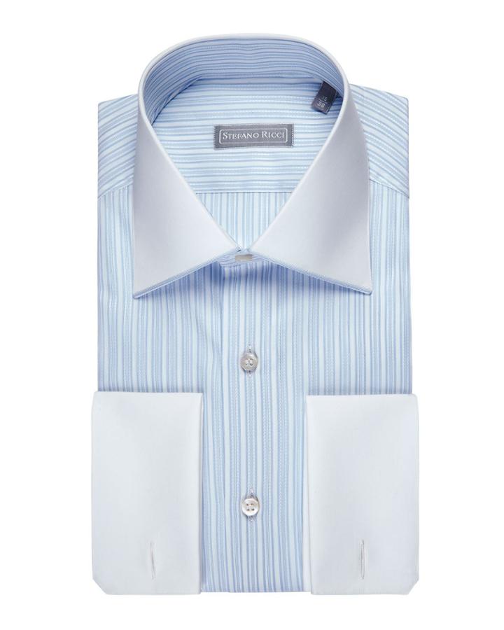 Striped Jacquard Dress Shirt With Solid Collar & Cuffs