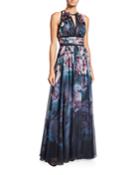 Watercolor Sleeveless Chiffon Gown With Satin Trim & Keyhole
