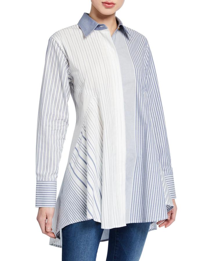 Striped Button-down Long-sleeve Trapeze Top