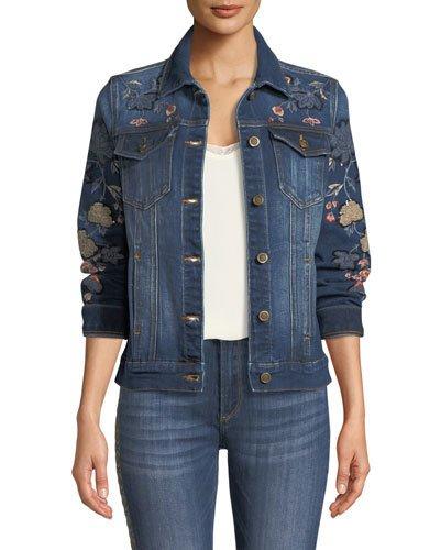 Geena Embroidered Denim Jacket, Dark Blue