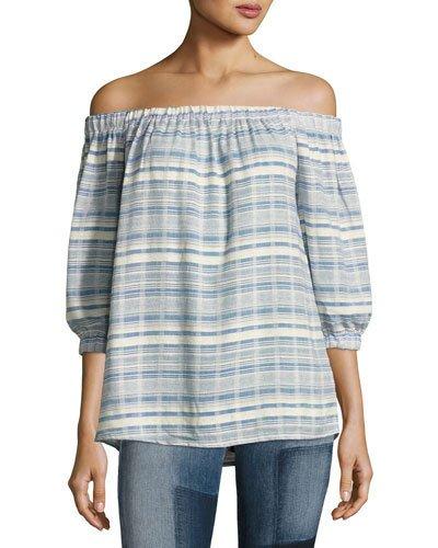 Karlee Plaid Off-the-shoulder Top, Blue/white
