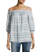 Karlee Plaid Off-the-shoulder Top, Blue/white