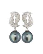 14k Diamond Crescent & Tahitian Pearl Dangle Earrings