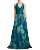 Sleeveless T-back Floral-print Gown, Peacock