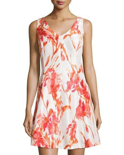 Sleeveless Floral-print Fit-and-flare Dress, Coral