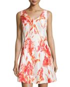 Sleeveless Floral-print Fit-and-flare Dress, Coral