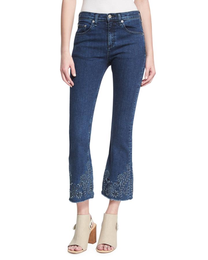 Mid-rise Crop Flare Embroidered Jeans, Indigo