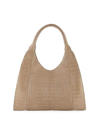 Crocodile Front-zip Hobo Bag, Taupe
