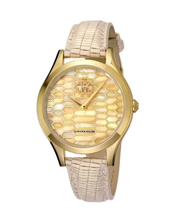 36mm Scaly Watch W/ Leather Strap, Beige/gold