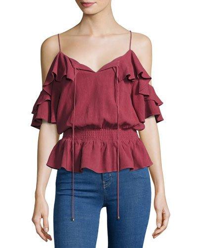 Open-shoulder Ruffled Top, Wine