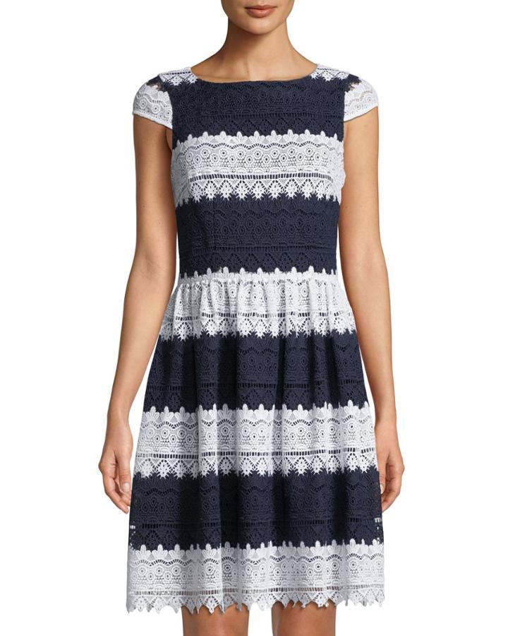 Striped-lace Cap-sleeve Dress