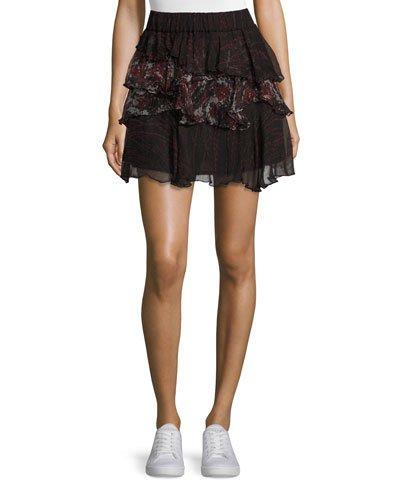 Loey Tiered Printed Voile Skirt, Black/red