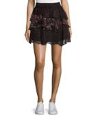 Loey Tiered Printed Voile Skirt, Black/red