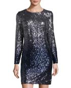 Ombre Long-sleeve Sequined Dress, Blue/silver