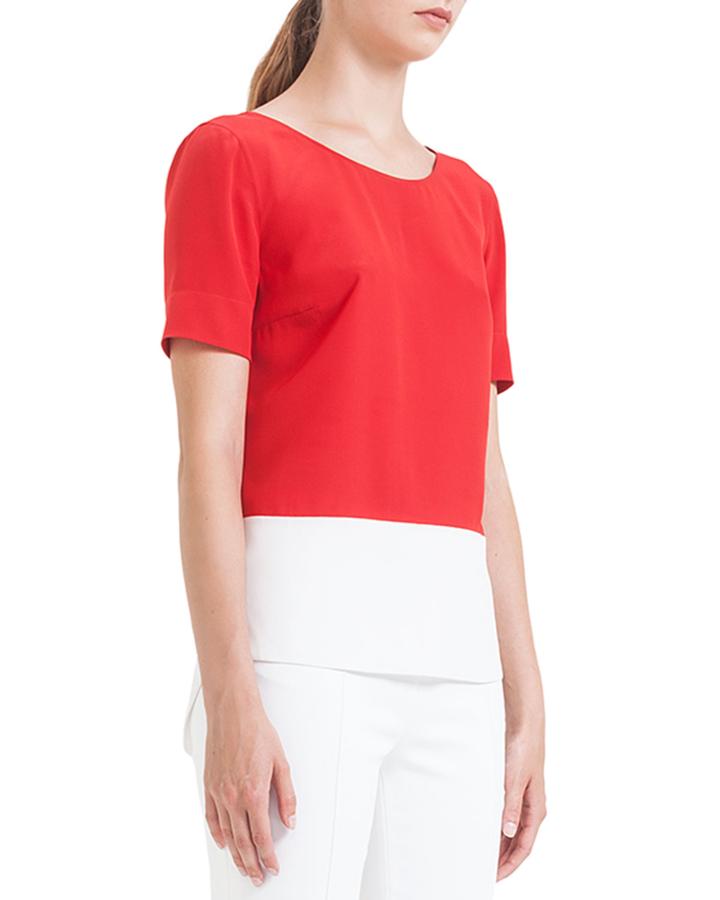 Akris Punto Colorblock Pleated Silk Blouse, Rouge/creme, Women's,