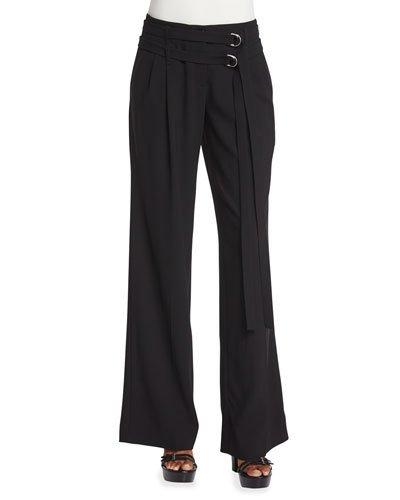 Pleated-front Wrap-belt Wool Pants, Black