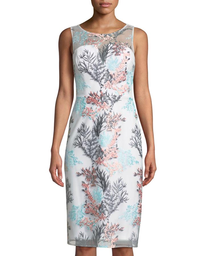 Round-neck Sleeveless Bustier Floral-embroidered Cocktail Dress