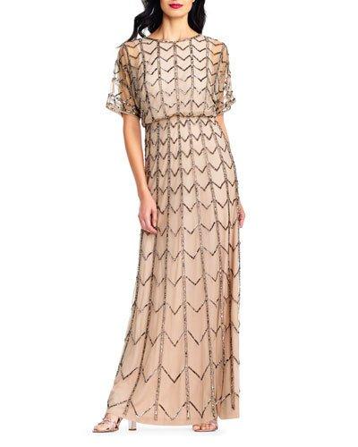 Chevron-beaded Flutter-sleeve Gown